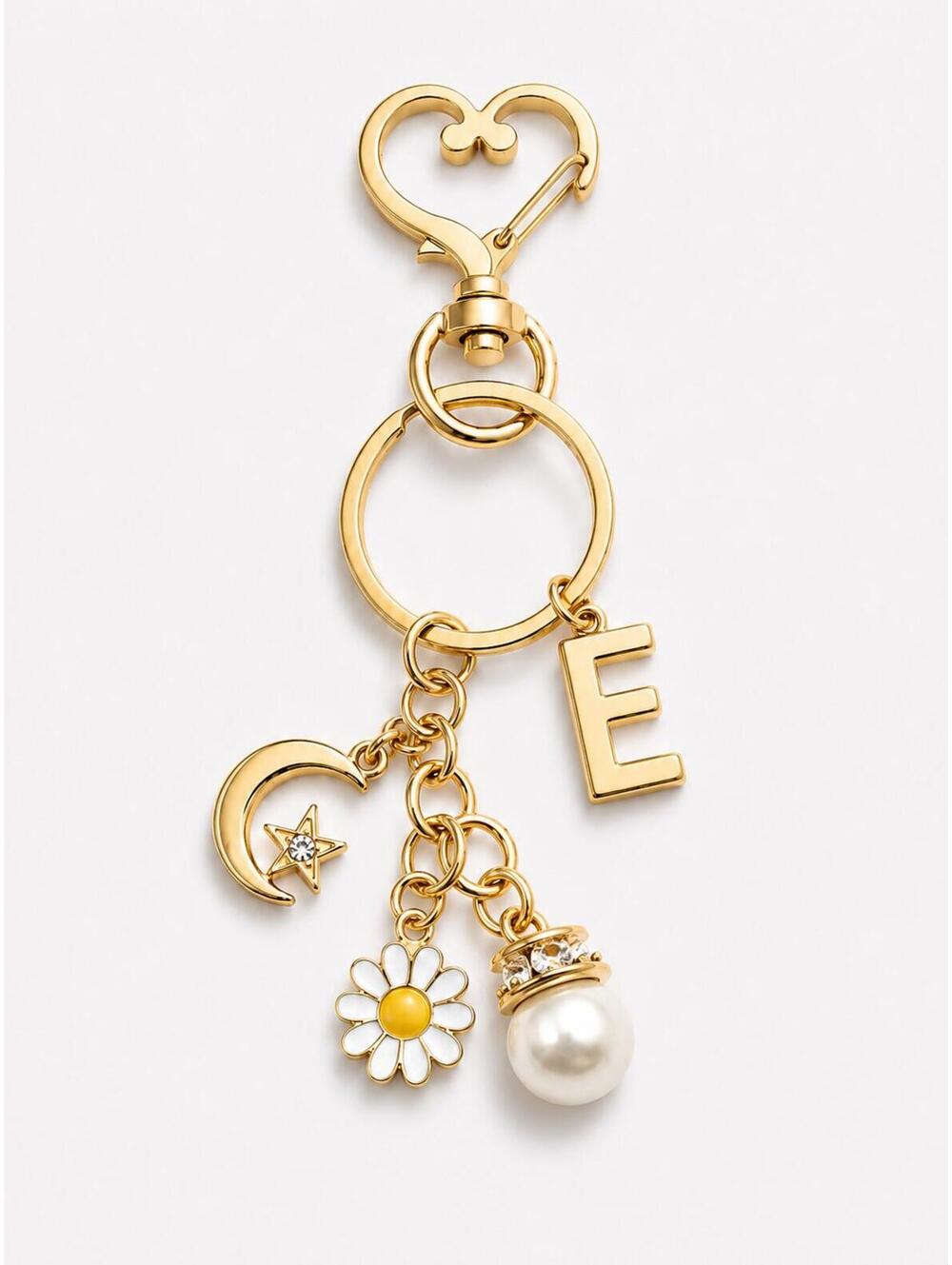 Gold Tone Letter E Keychain‎ Charm with Heart Clasp and Dangle Charms